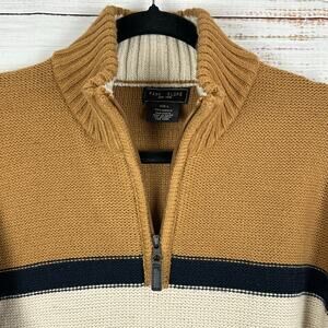 Men's Park Slope Navy Tan Striped 1/4 Zip Pullover Heavy Knit Sweater Preppy L